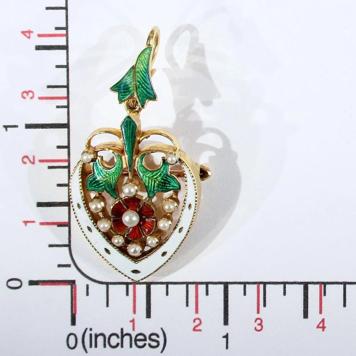 Stunning Victorian Enameled Heart Rose Pendant Brooch Pin