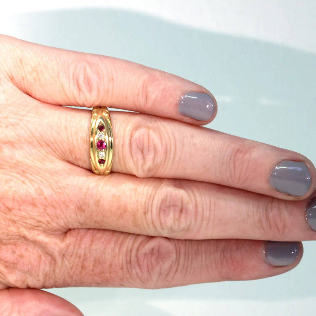 Victorian 5 Stone Ruby Diamond Ring 18k Gold