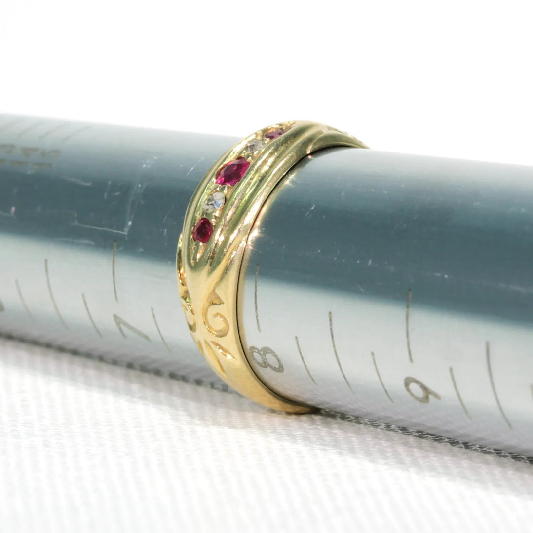 Victorian 5 Stone Ruby Diamond Ring 18k Gold