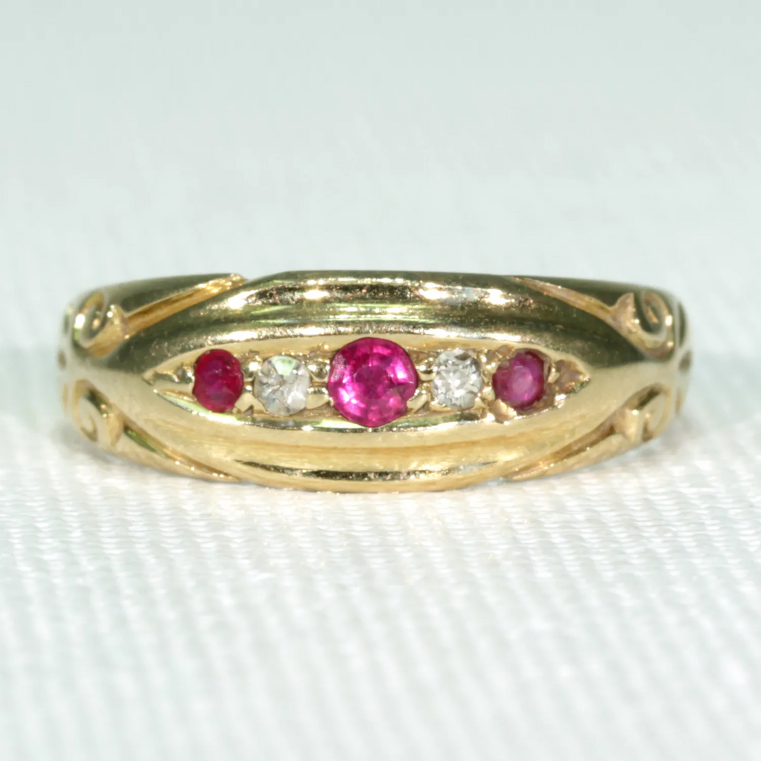 Victorian 5 Stone Ruby Diamond Ring 18k Gold