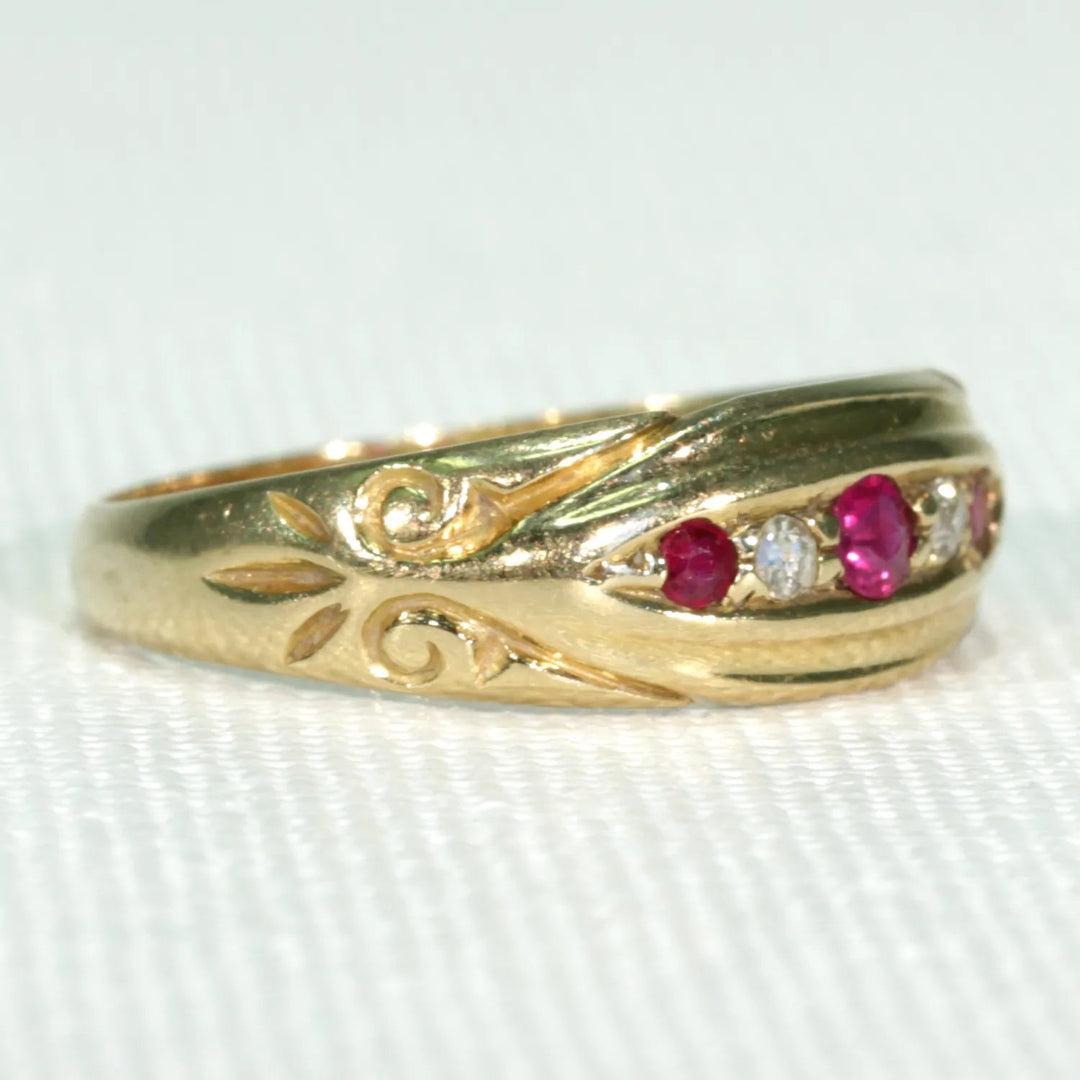 Victorian 5 Stone Ruby Diamond Ring 18k Gold