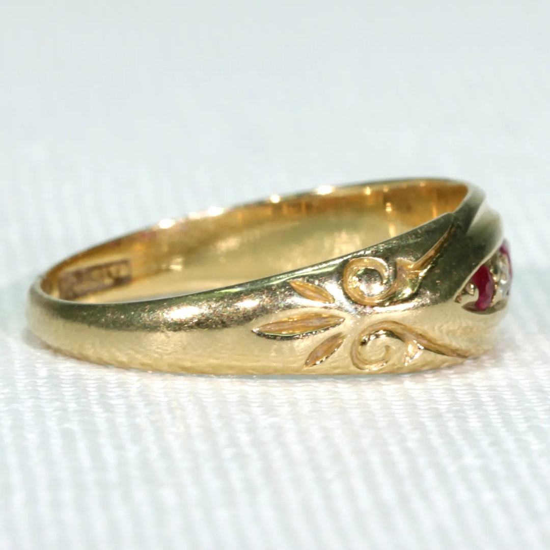Victorian 5 Stone Ruby Diamond Ring 18k Gold