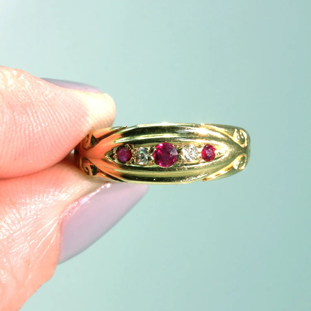 Victorian 5 Stone Ruby Diamond Ring 18k Gold