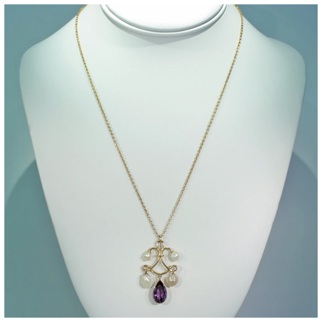 Victorian Amethyst Pearl Gold Necklace Pendant Chain