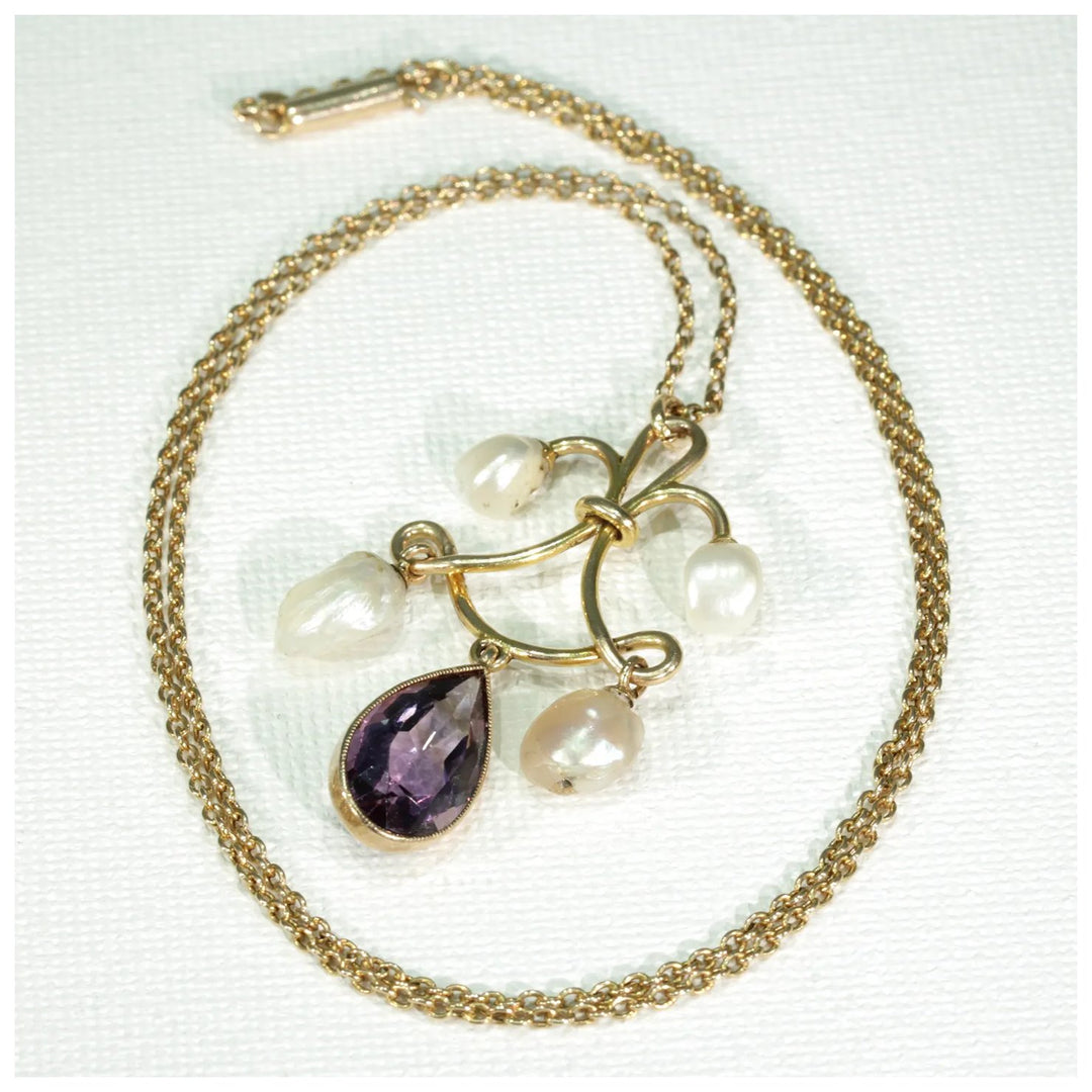 Victorian Amethyst Pearl Gold Necklace Pendant Chain