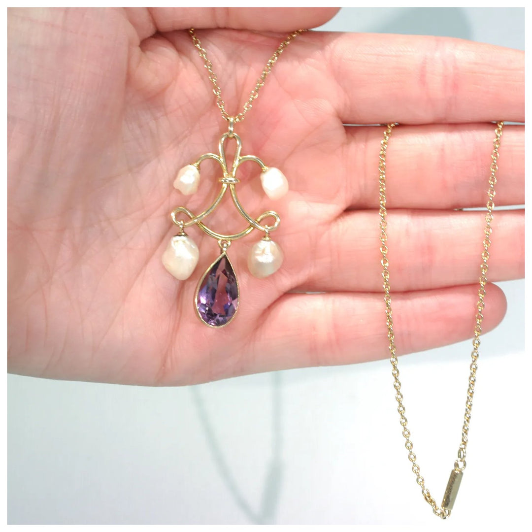 Victorian Amethyst Pearl Gold Necklace Pendant Chain