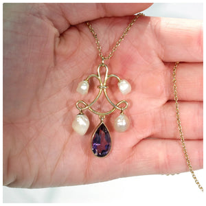 Victorian Amethyst Pearl Gold Necklace Pendant Chain