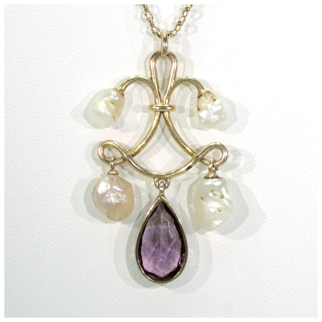 Victorian Amethyst Pearl Gold Necklace Pendant Chain