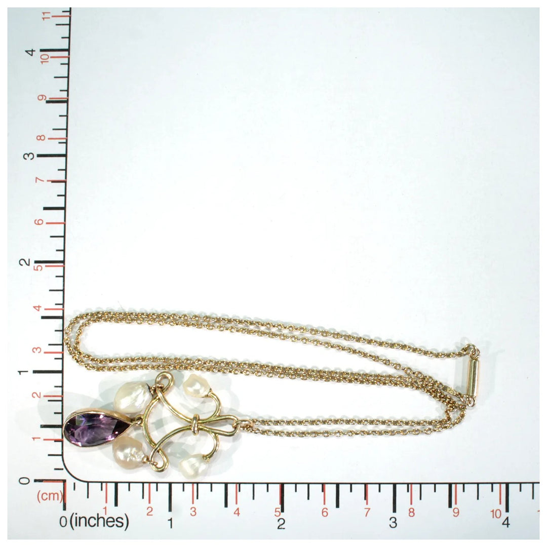 Victorian Amethyst Pearl Gold Necklace Pendant Chain