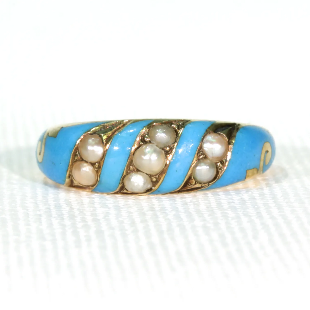 Victorian Blue Enamel Pearl Ring 15k Gold