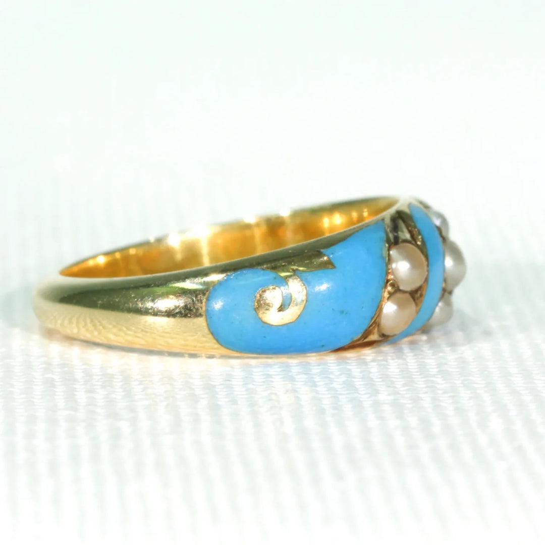 Victorian Blue Enamel Pearl Ring 15k Gold