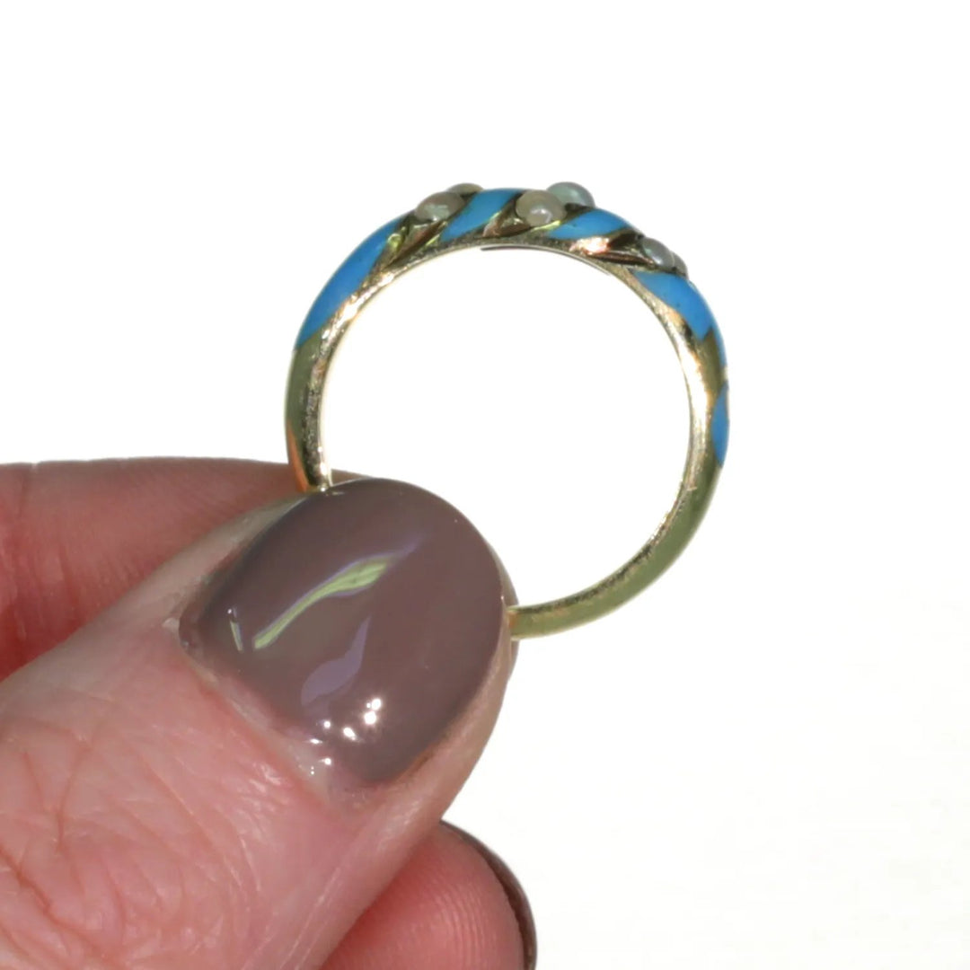 Victorian Blue Enamel Pearl Ring 15k Gold