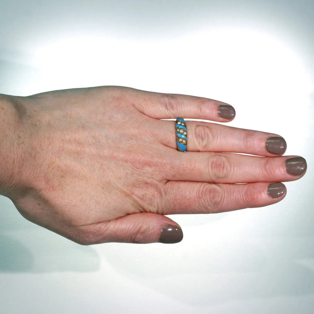 Victorian Blue Enamel Pearl Ring 15k Gold
