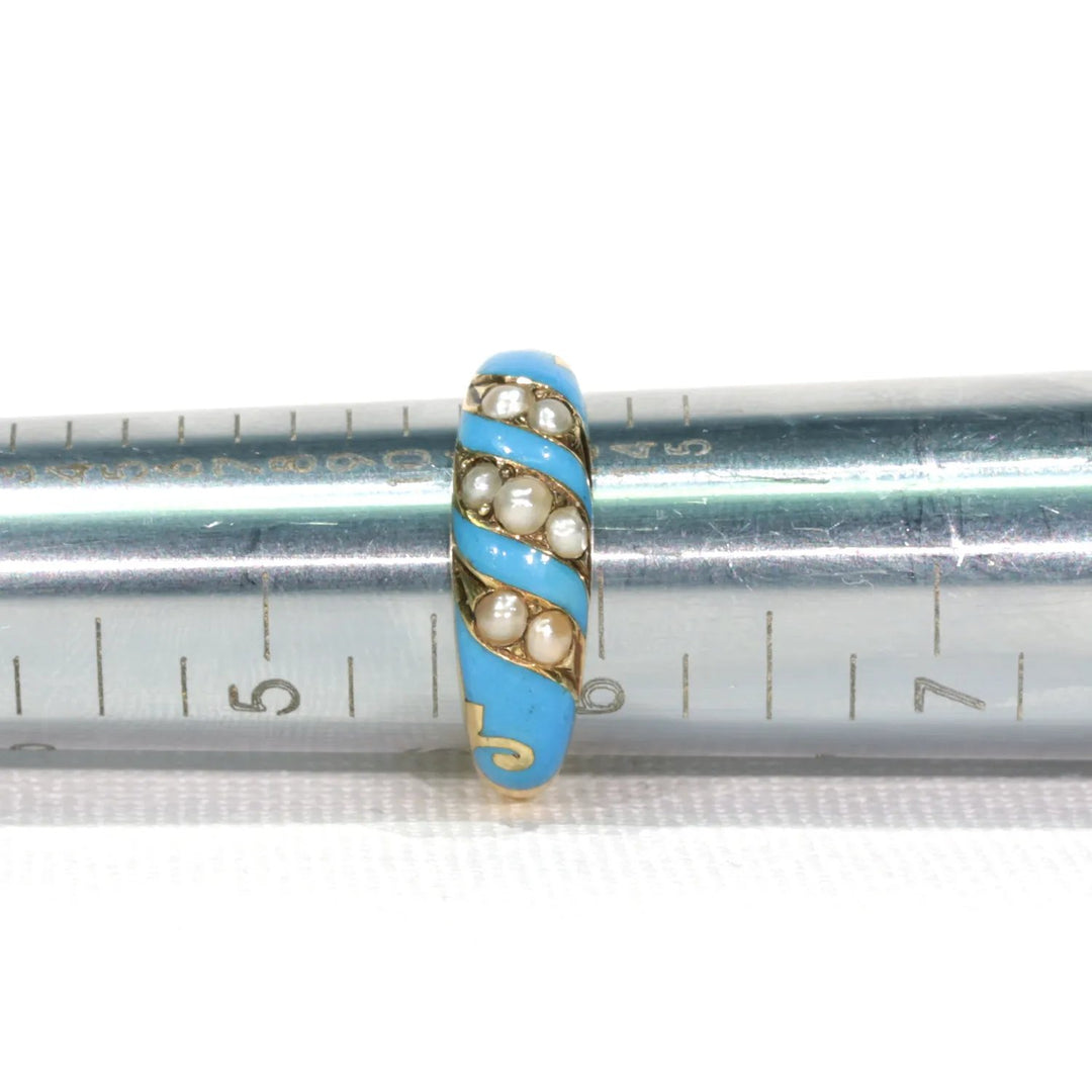 Victorian Blue Enamel Pearl Ring 15k Gold