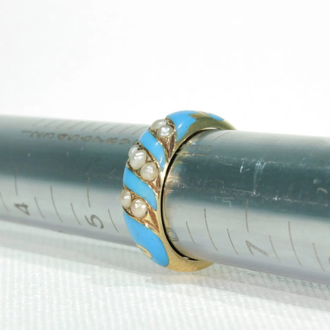 Victorian Blue Enamel Pearl Ring 15k Gold