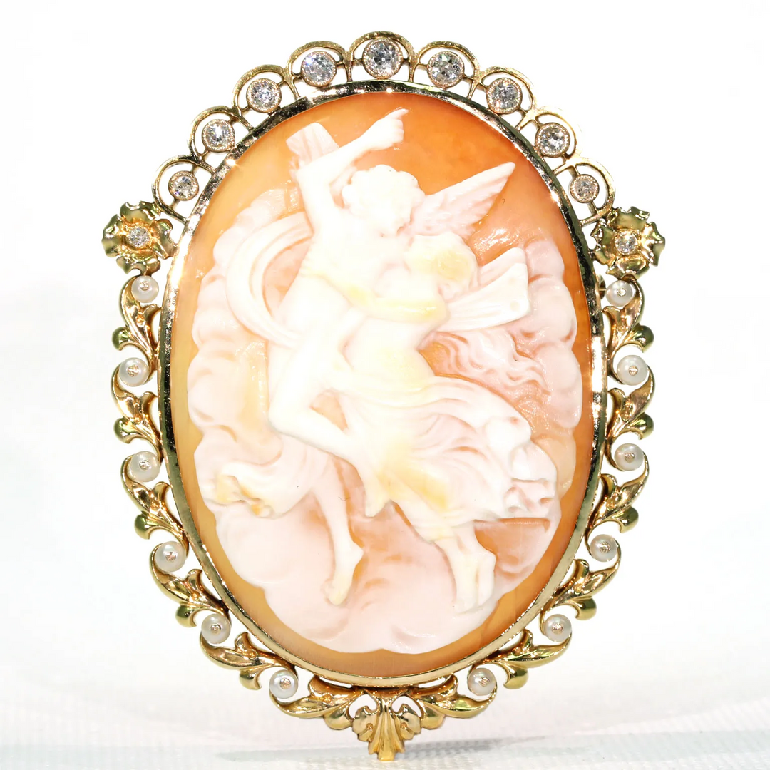 Victorian Cameo Brooch Pin 15k Gold Pearl Diamond Frame