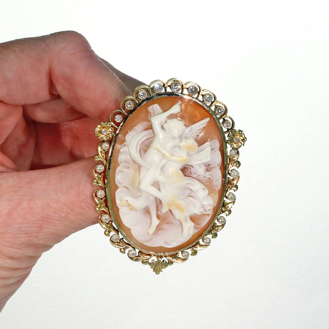 Victorian Cameo Brooch Pin 15k Gold Pearl Diamond Frame