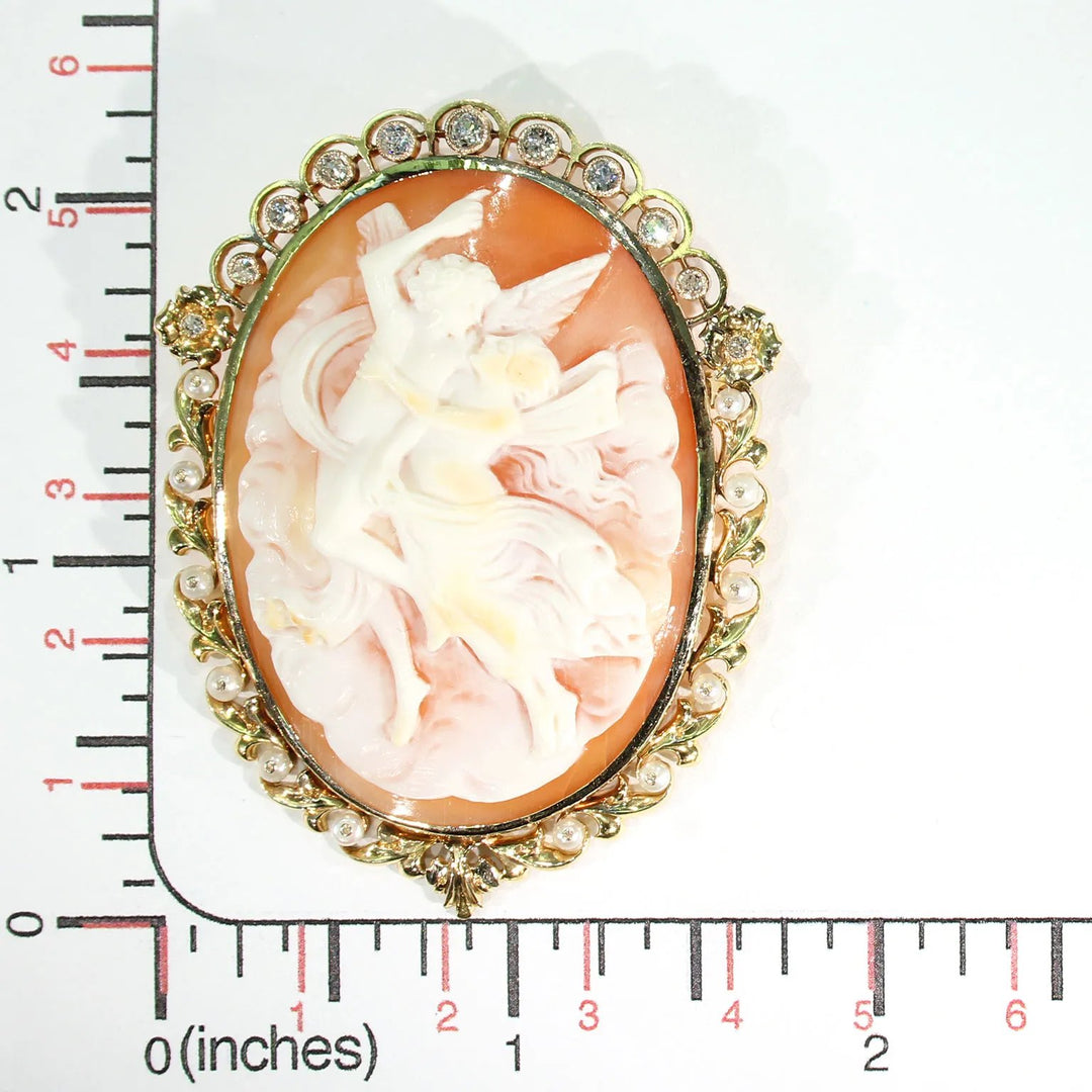 Victorian Cameo Brooch Pin 15k Gold Pearl Diamond Frame