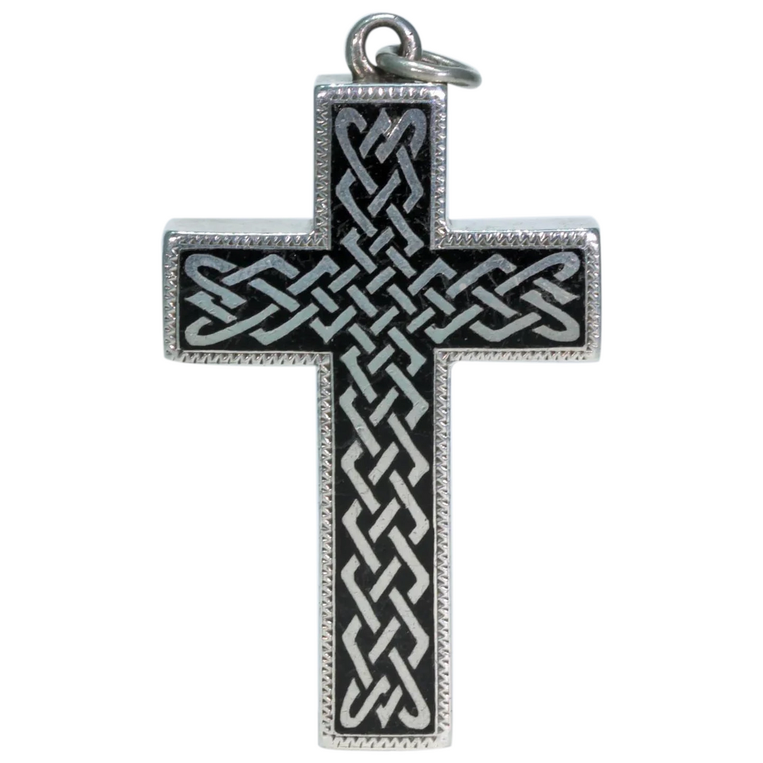 Victorian Celtic Black Enamel Silver Cross Pendant