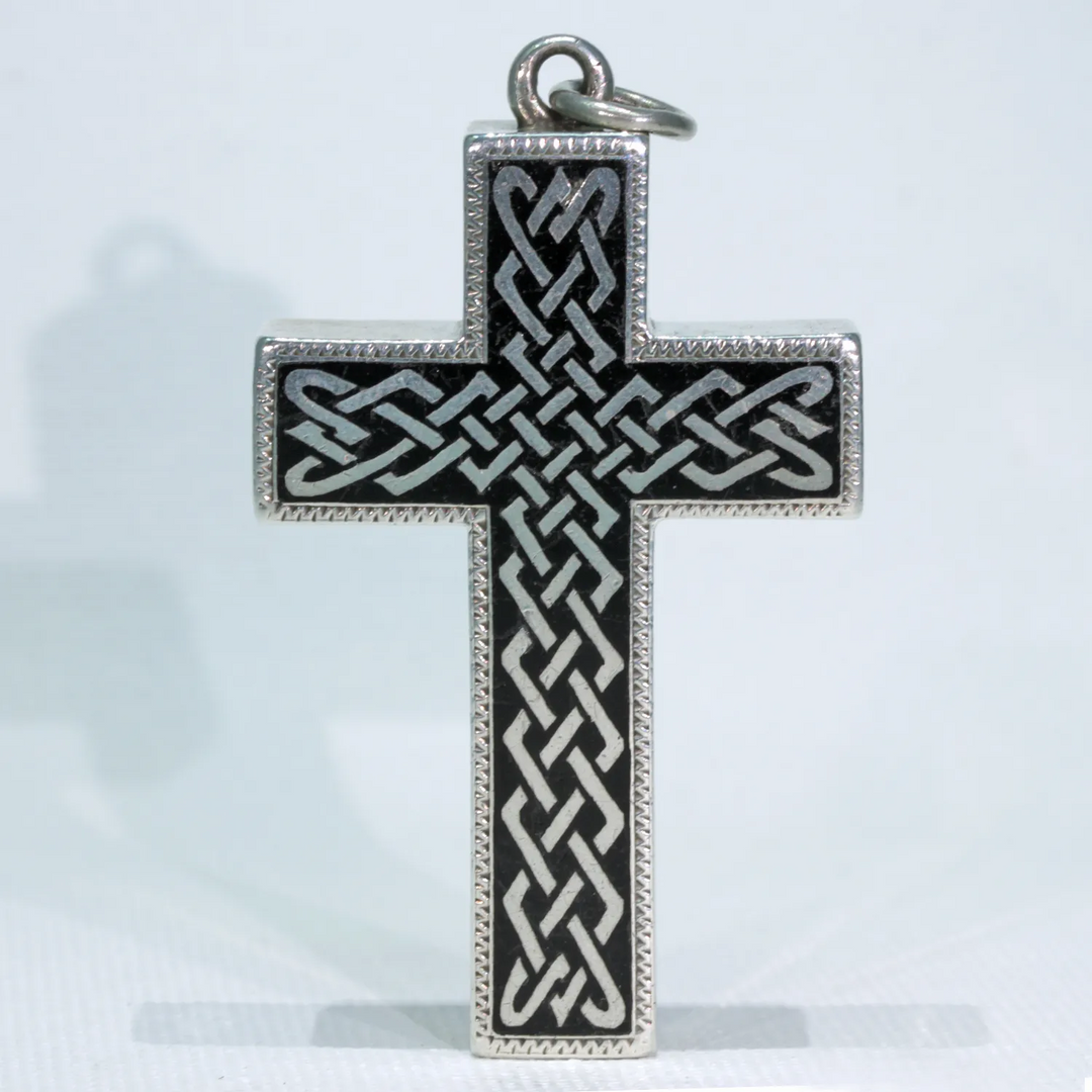 Victorian Celtic Black Enamel Silver Cross Pendant