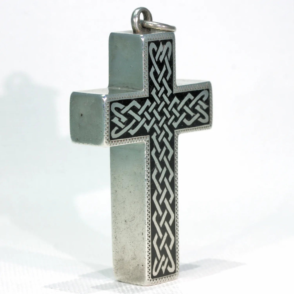 Victorian Celtic Black Enamel Silver Cross Pendant