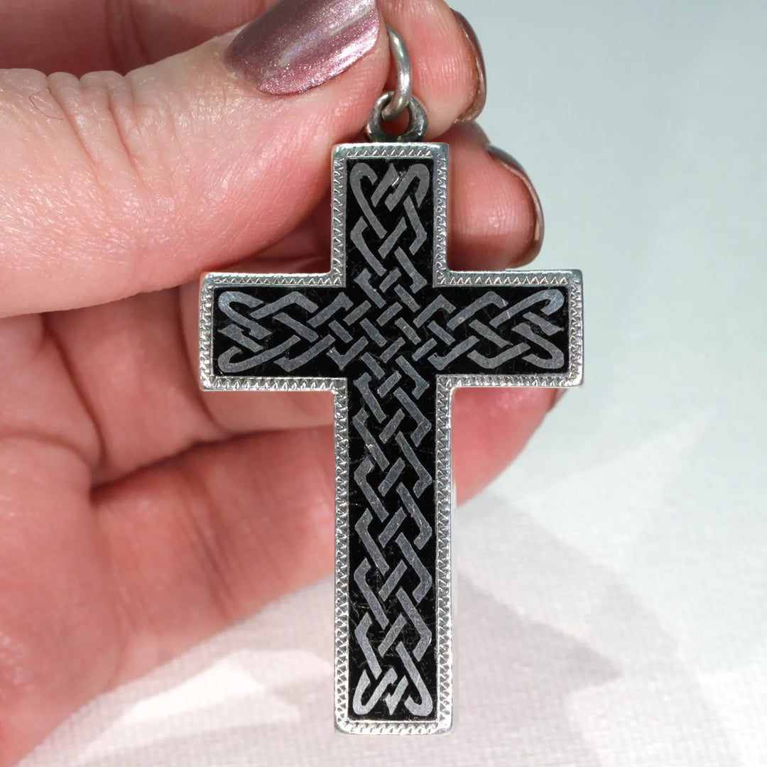 Victorian Celtic Black Enamel Silver Cross Pendant