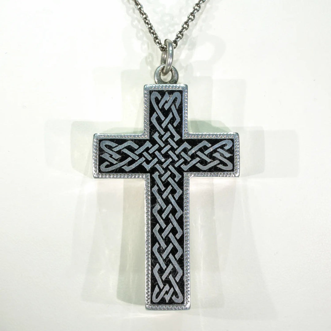 Victorian Celtic Black Enamel Silver Cross Pendant