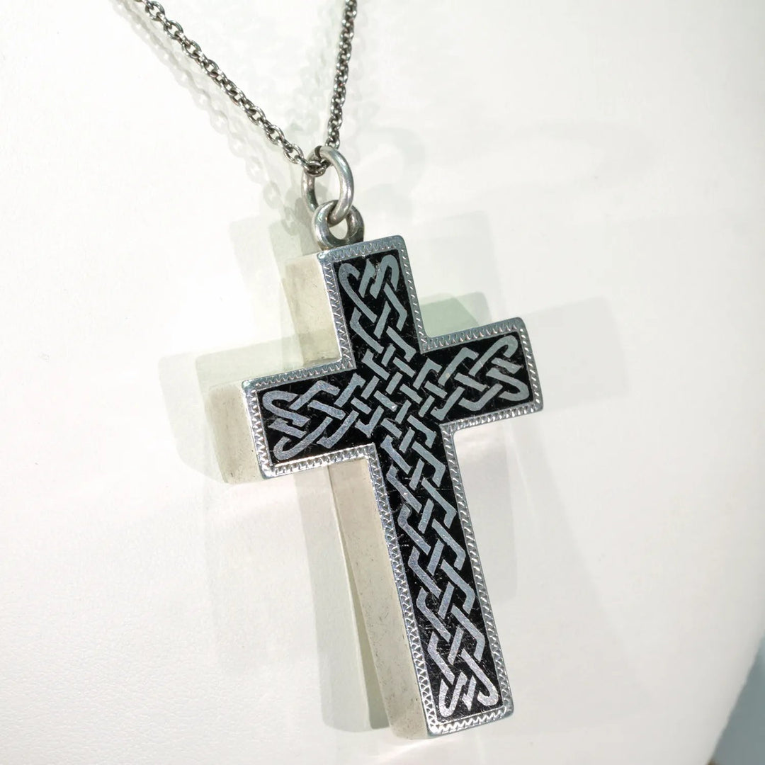 Victorian Celtic Black Enamel Silver Cross Pendant