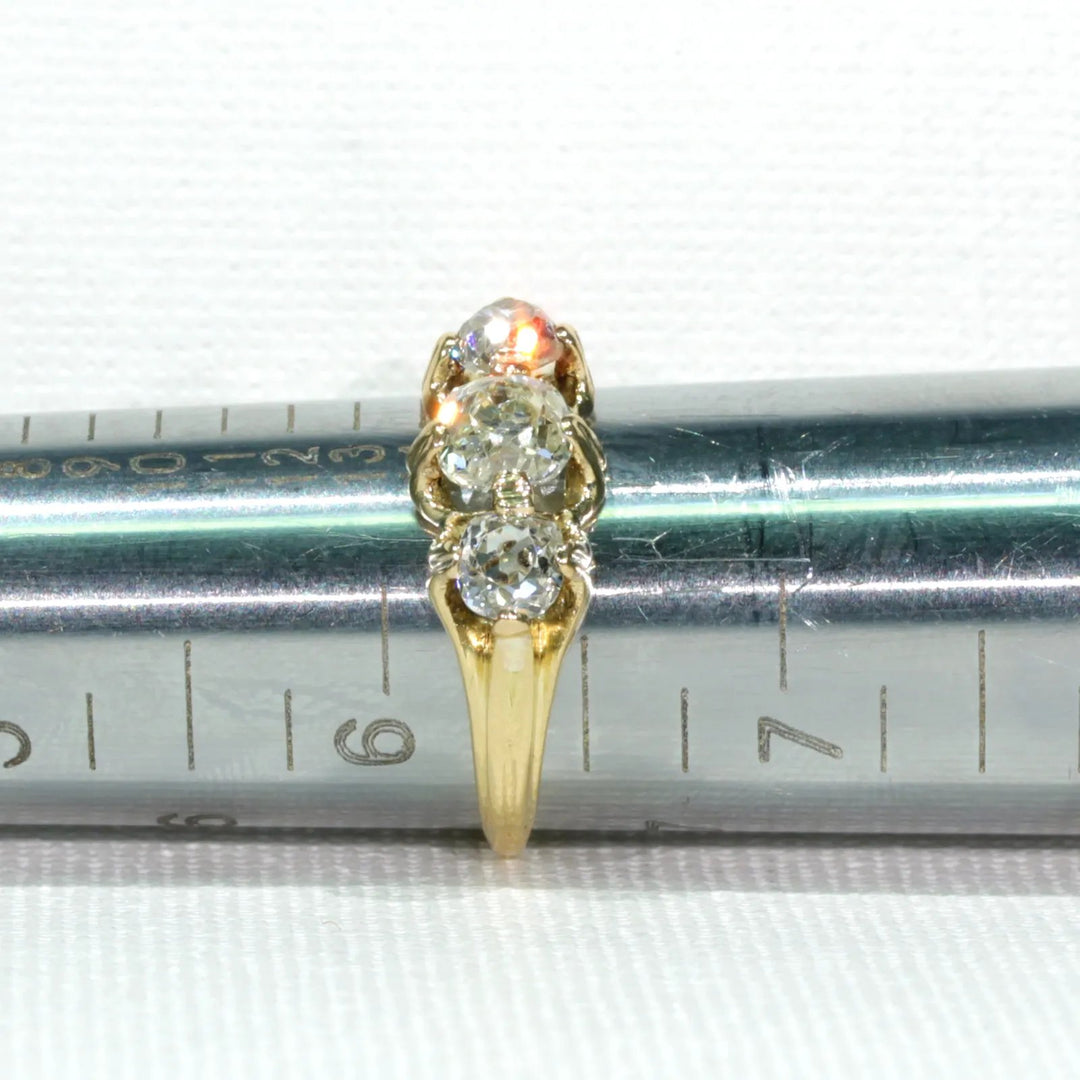 Victorian Cushion Cut Diamond 3 Stone Engagement Ring 18k Gold with Band