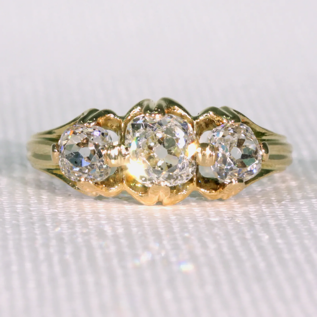 Victorian Cushion Cut Diamond 3 Stone Engagement Ring 18k Gold with Band
