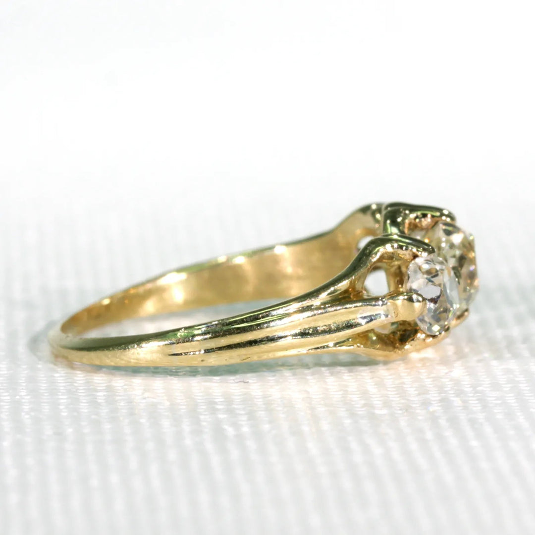 Victorian Cushion Cut Diamond 3 Stone Engagement Ring 18k Gold with Band