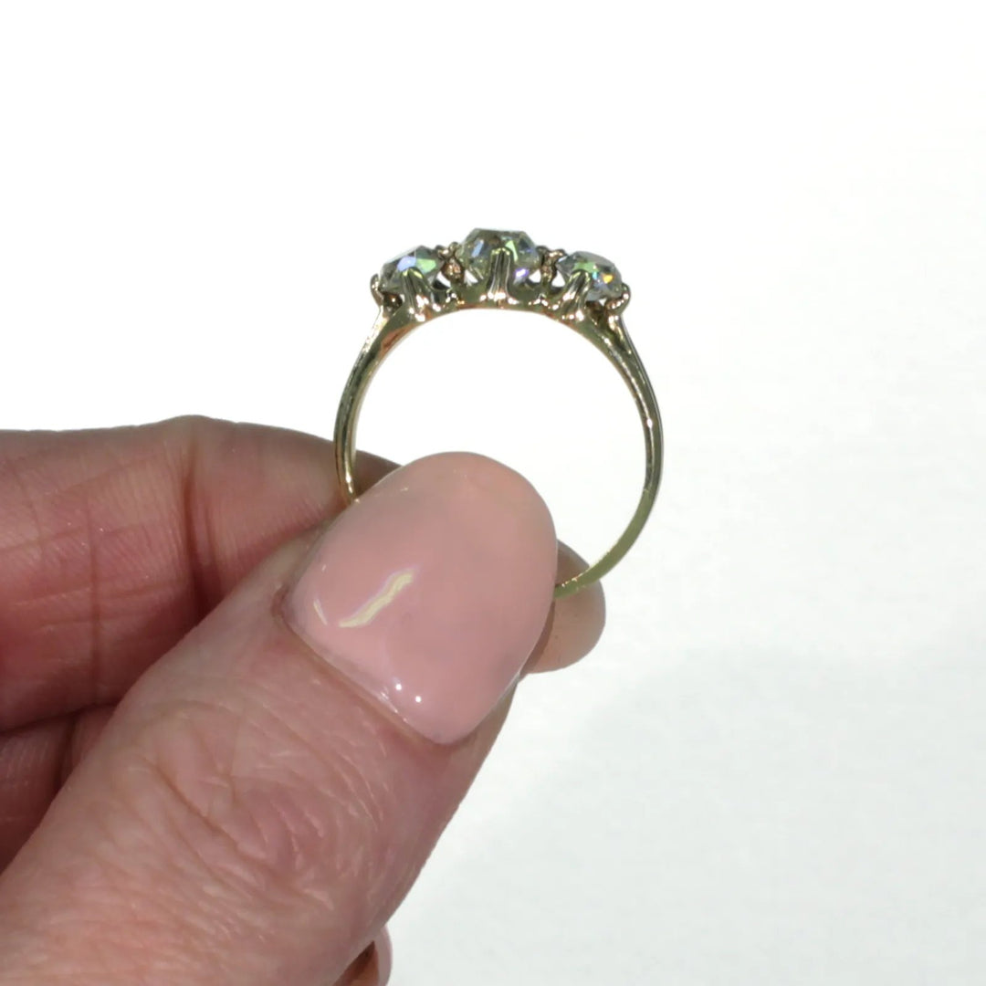 Victorian Cushion Cut Diamond 3 Stone Engagement Ring 18k Gold with Band
