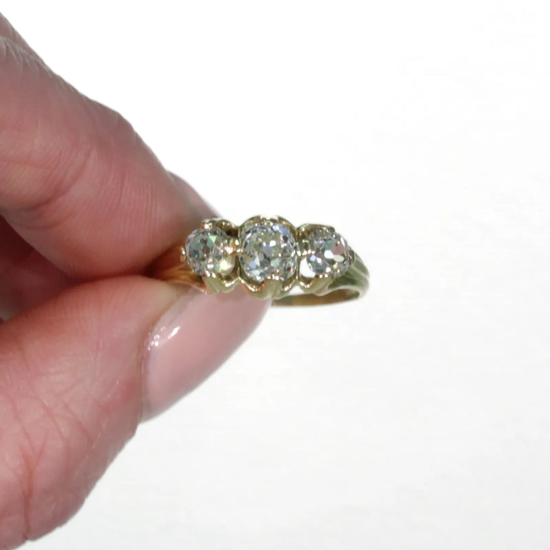 Victorian Cushion Cut Diamond 3 Stone Engagement Ring 18k Gold with Band