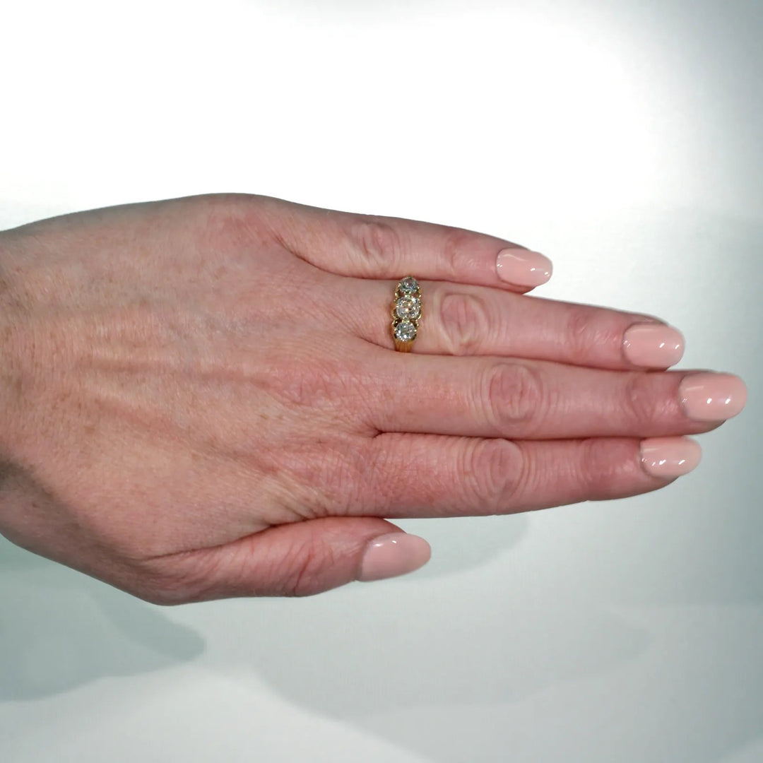Victorian Cushion Cut Diamond 3 Stone Engagement Ring 18k Gold with Band
