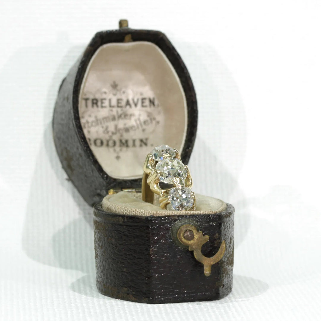 Victorian Cushion Cut Diamond 3 Stone Engagement Ring 18k Gold with Band