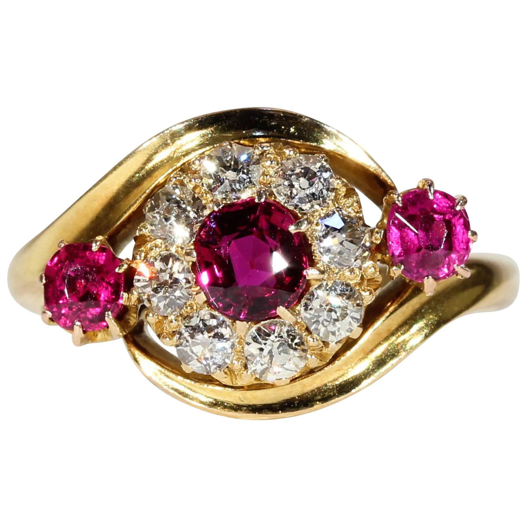 Victorian Diamond Ruby Cluster Ring Gold