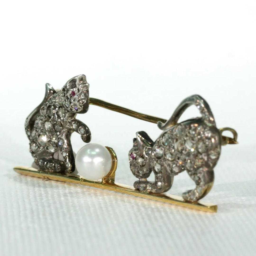 Victorian Diamond Ruby Pearl Playing Kittens Brooch 15k Gold Silver Set