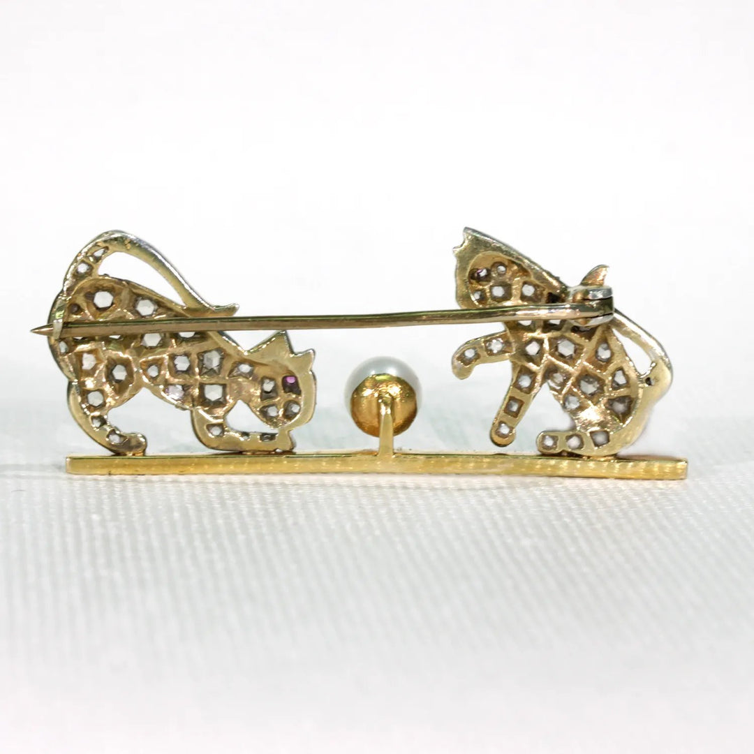 Victorian Diamond Ruby Pearl Playing Kittens Brooch 15k Gold Silver Set