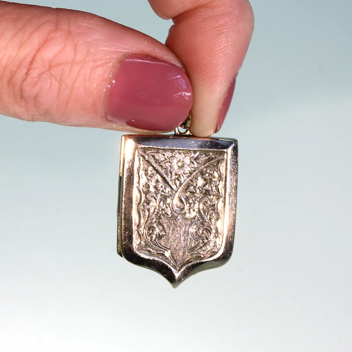 Victorian Engraved Shield Shaped Locket 9k Gold B&F