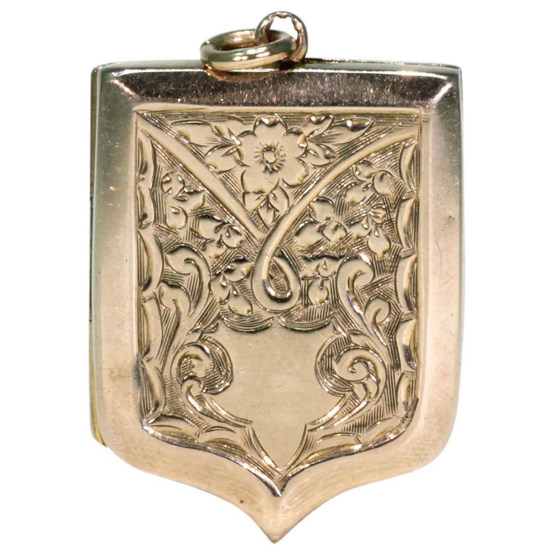 Victorian Engraved Shield Shaped Locket 9k Gold B&F