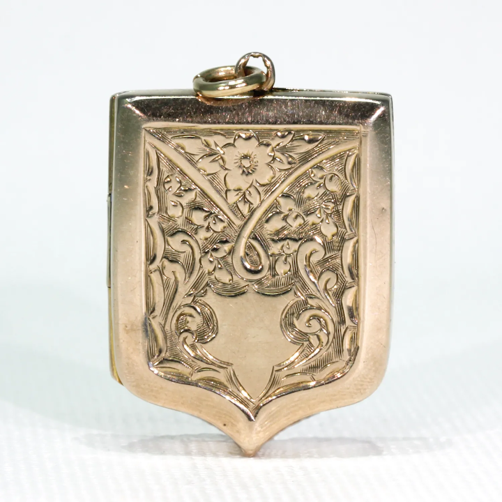 Victorian Engraved Shield Shaped Locket 9k Gold B&F