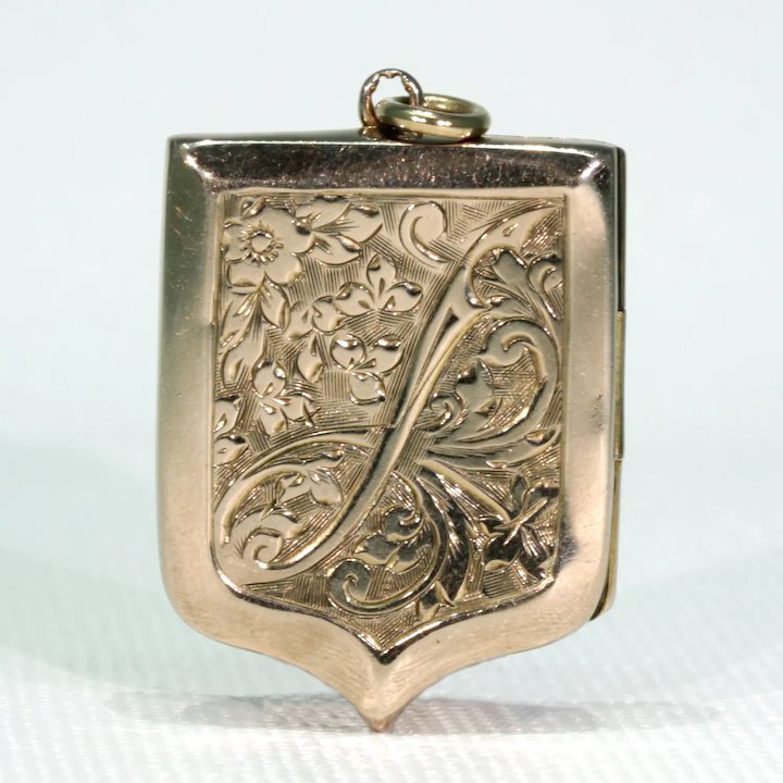 Victorian Engraved Shield Shaped Locket 9k Gold B&F