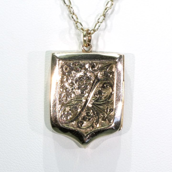Victorian Engraved Shield Shaped Locket 9k Gold B&F