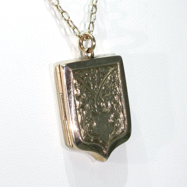 Victorian Engraved Shield Shaped Locket 9k Gold B&F