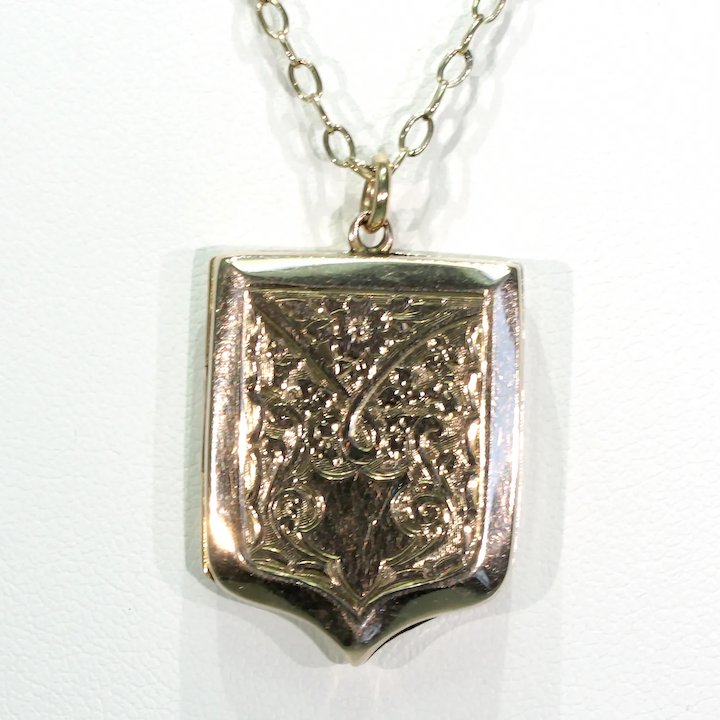 Victorian Engraved Shield Shaped Locket 9k Gold B&F