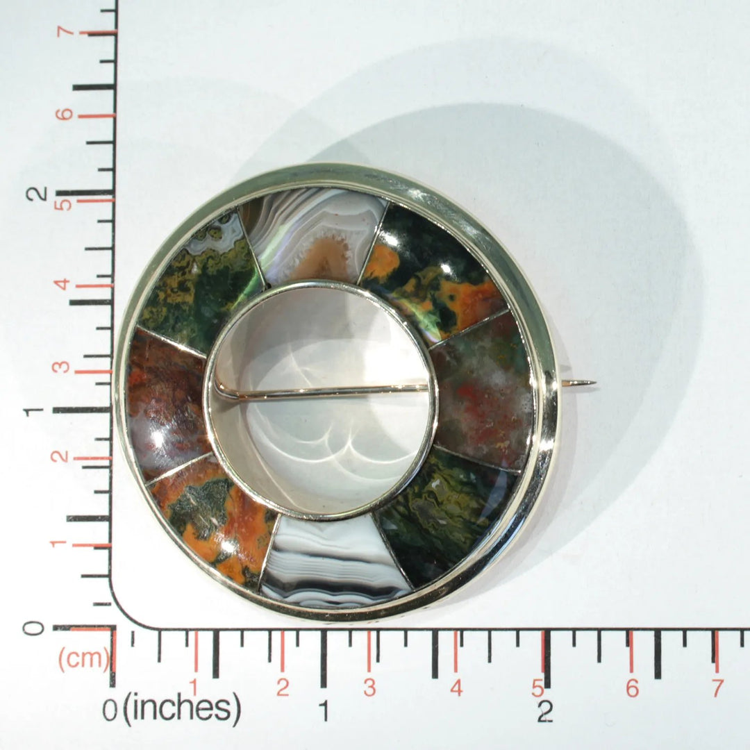 Victorian Gold Agate Scottish Circle Brooch Kilt Pin Badge
