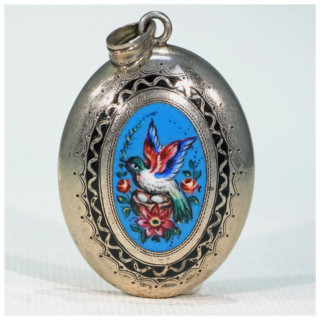 Victorian Gold Enamel Bird Locket Pendant