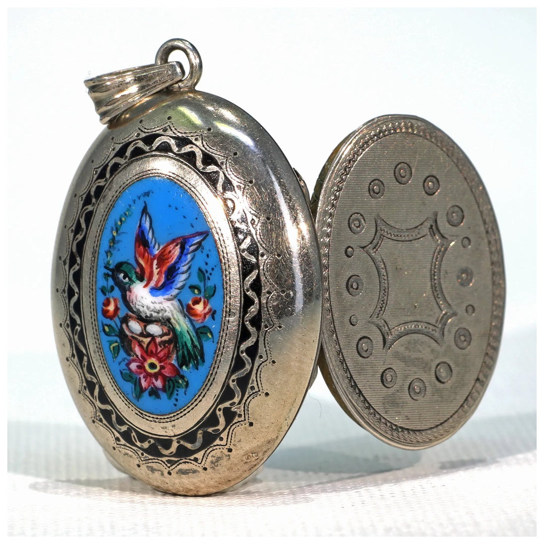 Victorian Gold Enamel Bird Locket Pendant