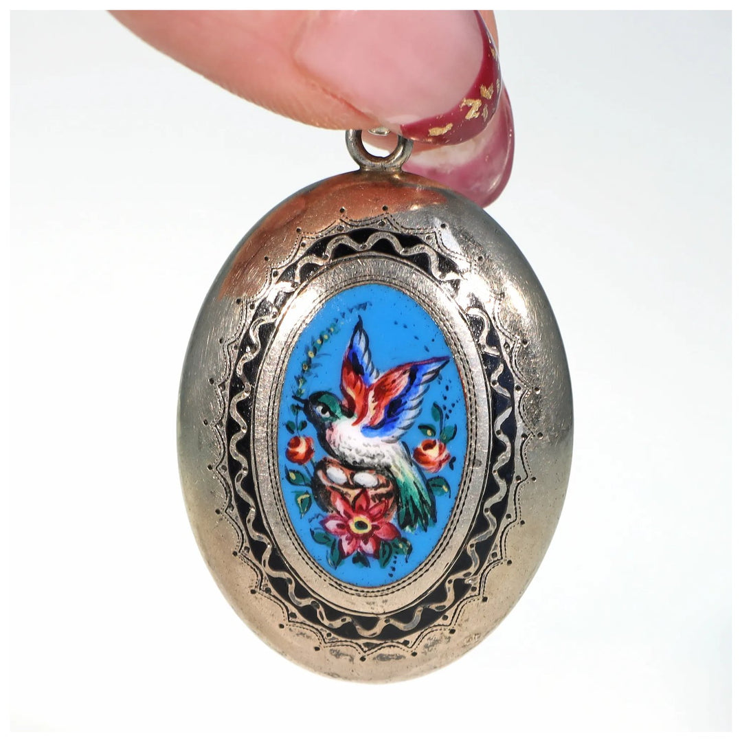 Victorian Gold Enamel Bird Locket Pendant