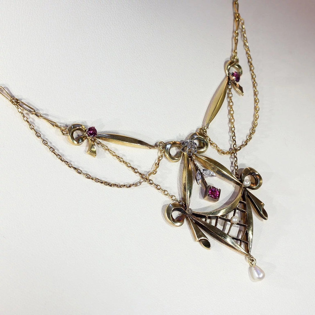 Victorian Gold Silver Ruby Diamond Pearl Necklace